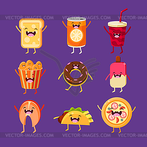 Fun fast food. Dishes with cute faces, happy - vector clipart