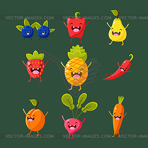 Cheerful fruit and vegetables. Food with cute faces - vector clipart