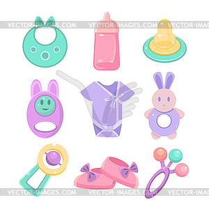 Baby accessories set. Cute design, pastel colors - vector clip art