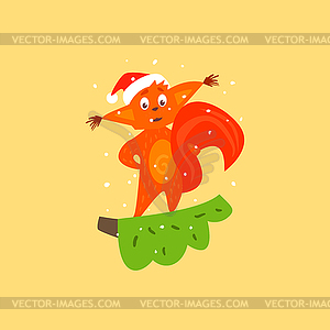 Cute Squirrel on Branch. Christmas - vector image