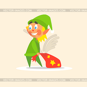 Christmas Elf carrying Present Bag - vector clipart