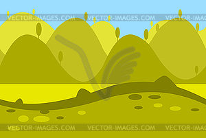 Cartoon Landscape of Green Meadows, Fields, Hills - vector clipart