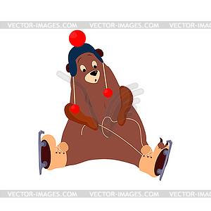 Cute Bear Tying Laces on Skates - vector image