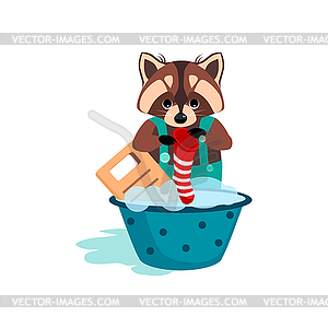 Raccoon Washes Clothes on Washboard - vector clipart