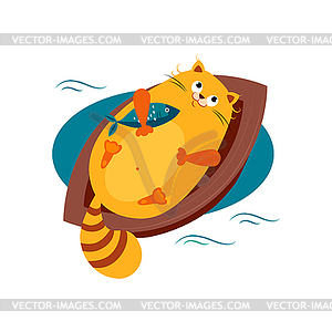 Cat on Boat Hugging Fish - vector clip art