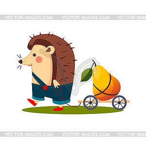 Hedgehog Carrying Pear in Barrow - vector clip art