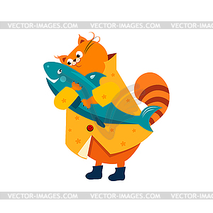 Orange Cat in Raincoat Hugs Fish - vector image