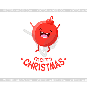 Funny Red Christmas Ball Cartoon Character Waving - vector clipart