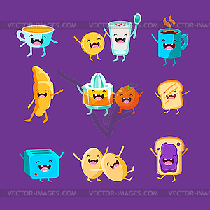 Fun Breakfast. Food with cute faces, happy - vector clipart