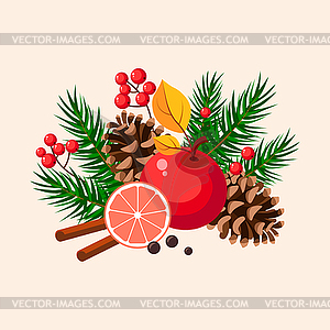 Christmas Design with Fir, Grapefruit, Berries and - vector image