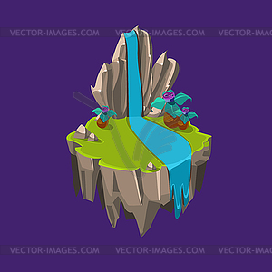 Cartoon Stone Isometric Island with Waterfall and - vector clip art