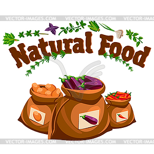 Natural food, farm products banner, bags with - vector clipart