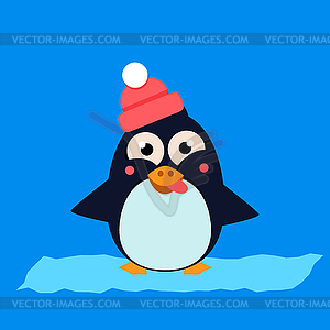 Penguin Wearing Hat Grimacing on Ice. Illustartion - vector clip art