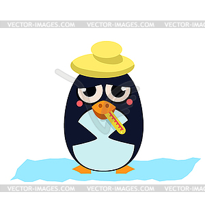 Sick Penguin with Thermometer - color vector clipart