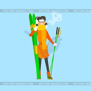 Woman Holding Skis and wearing Goggles - vector image