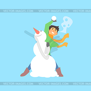 Boy Throwing Snowball and Snowman - vector clipart