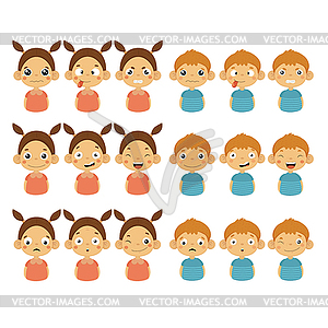 Симпатичные девушки и мальчик Faces показаны различные эмоции - клипарт в векторном формате