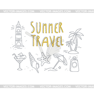 Summer Travel Related Object Collection With Text - color vector clipart