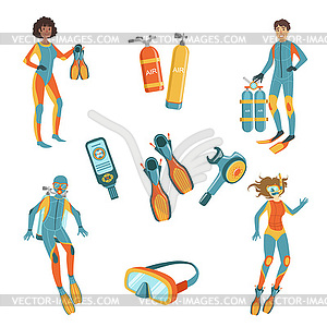 People, Scuba Diving And Freediving Gear - vector image