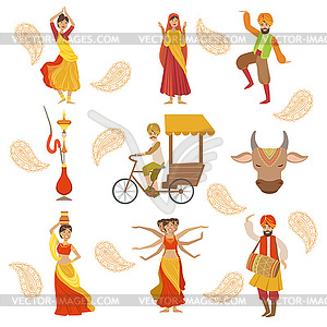 Dancing, Holy Cow And Other Indian Cultural Symbol - color vector clipart