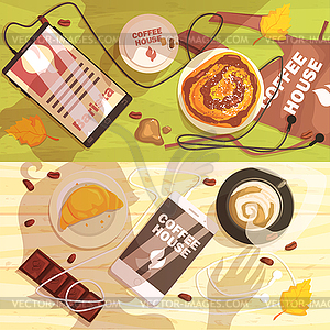 Coffee Shop Table With Cups And Snacks People - vector clipart