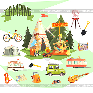 Two Guys Enjoying Camping In Forest Surrounded By - vector clip art