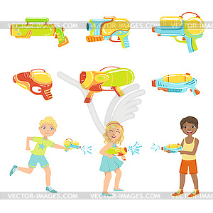 Kids Playing With Water Pistols And Different Guns - vector clipart