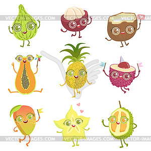 Exotic Fruits Girly Cartoon Characters Set - vector clipart