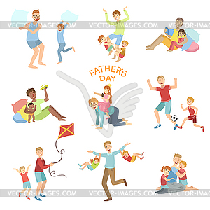 Fathers Day Set Of Dads Playing With Kids - vector image