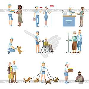 Volunteers Helping In Different Situations - royalty-free vector clipart