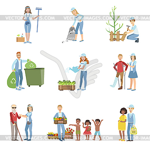 People Volunteers In Different Situations - vector image