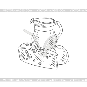 Cheese, Milk And Bread Realistic Sketch - vector image