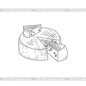 Round Cheese With Segment Cut Out Realistic Sketch - vector clipart