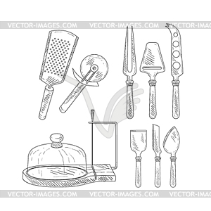 Utensils For Cheese Cutting Realistic Sketch - white & black vector clipart