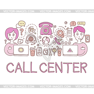 Call Center Work Elements Creative Sketch - vector clipart
