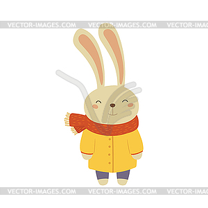 Bunny In Yellow Warm Coat Childish - vector image