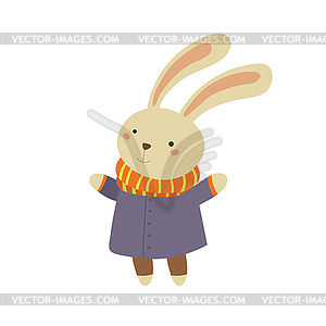 Bunny in Blue Warm Coat Childish - vector image