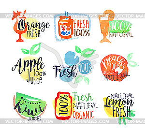 Fresh Fruit Juice Promo Signs Colorful Set - vector clipart