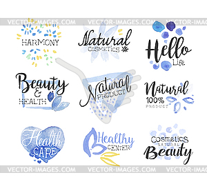 Natural Beauty Cosmetics Promo Signs Colorful Set - vector image