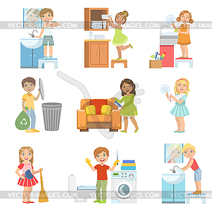 Kids Doing Home Cleanup - vector image