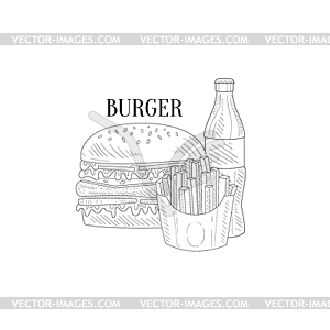 Burger, Soda And French Fries Realistic Sketch - white & black vector clipart