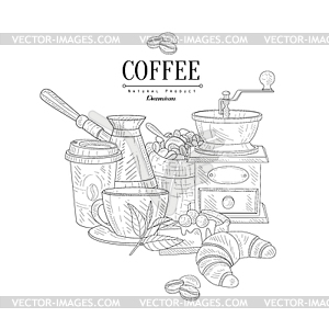 Coffee Breakfast Still Life Realistic Sketch - vector clipart