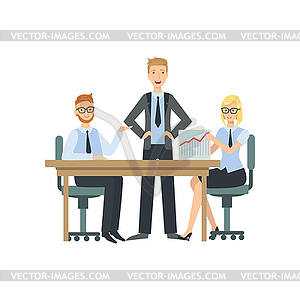 Managers Sitting Behind Desk Presenting Plan - vector clip art