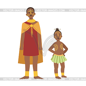 Chief And His Son In Skirt of African Native Tribe - vector clipart