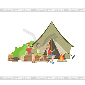 Friends Sitting On Log Next To Bonfire In Camp - vector image