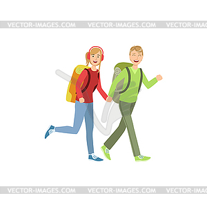 Young Couple Hiking Holding Hands - royalty-free vector image