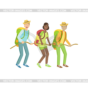 Thee Hikers Holding To Rope - vector clip art