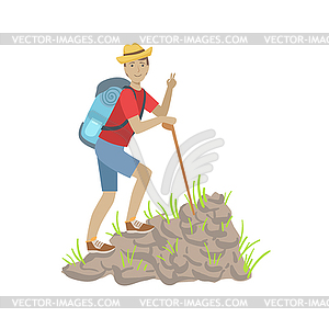 Man Climbing Rocky Slope With Backpack - vector image