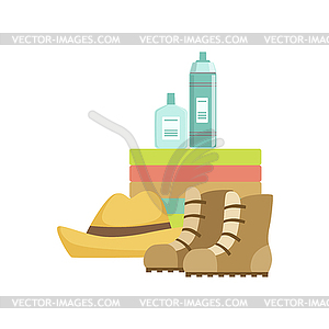 Camping Equipment Set With Boots And Water Bottles - vector clipart