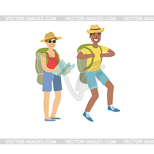 Two People Hiking With Map - vector image